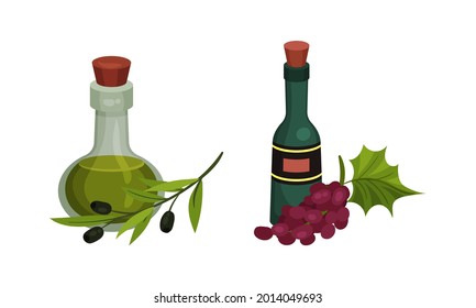 Spain Attributes with Olive Oil and Corked Wine Bottle Vector Set