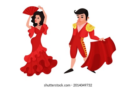 Spain Attributes with Toreador Holding Red Cloth and Woman Dancing Flamenco Vector Set