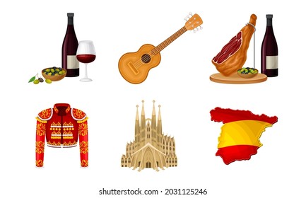 Spain Attributes with Toreador Jacket and Cathedral Vector Illustration Set