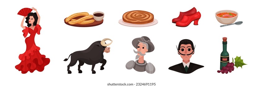 Spain Attributes with Woman Dance Flamenco, Churros, Pie, Wine, Bull and Don Quixote Vector Set