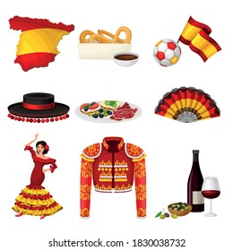 Spain Attributes with Woman Dancing Flamenco and Flag Vector Illustration Set