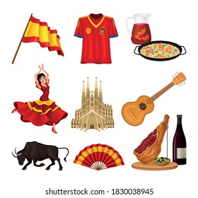 Spain Attributes with Woman Dancing Flamenco and Flag Vector Illustration Set