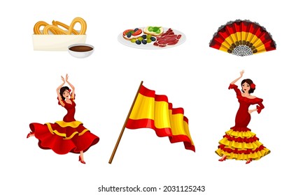 Spain Attributes with Woman Dancing Flamenco and Flag on Pole Vector Illustration Set