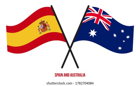 Spain and Australia Flags Crossed And Waving Flat Style. Official Proportion. Correct Colors.