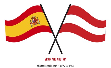 Spain and Austria Flags Crossed And Waving Flat Style. Official Proportion. Correct Colors.