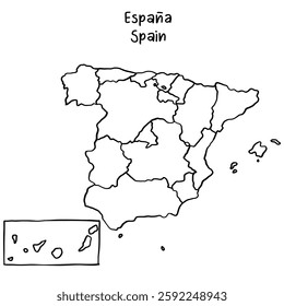 Spain, autonomous communities divisions map.Continuous line drawing, hand drawn scribble style map