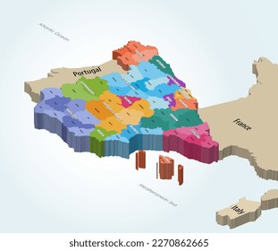 Spain autonomous communities and provinces isometric map