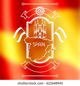 Spain background design on blurred flag. Spanish traditional symbols and objects.