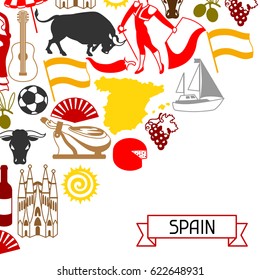 Spain background design. Spanish traditional symbols and objects.
