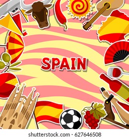 Spain background design. Spanish traditional sticker symbols and objects.