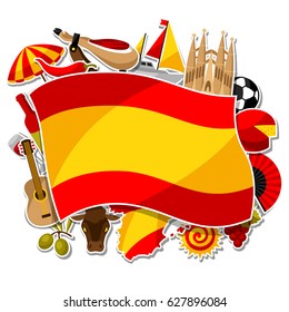 Spain background design. Spanish traditional sticker symbols and objects.
