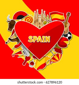 Spain background design. Spanish traditional sticker symbols and objects.