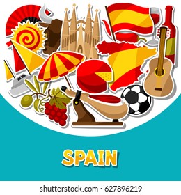 Spain background design. Spanish traditional sticker symbols and objects.