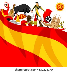 Spain background design. Spanish traditional symbols and objects.