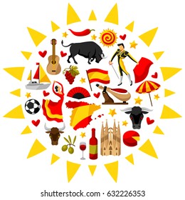 Spain background in shape of sun. Spanish traditional symbols and objects.