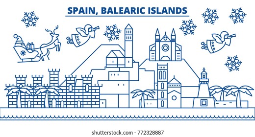 Spain, Balearic Islands winter city skyline. Merry Christmas, Happy New Year decorated banner with Santa Claus.Winter greeting line card.Flat, outline vector.Linear christmas snow illustration