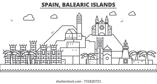 España, Islas Baleares ilustración de la línea del horizonte. Paisaje de ciudad vectorial lineal con puntos de referencia famosos, vistas de la ciudad, iconos de diseño. Paisaje con trazos editables