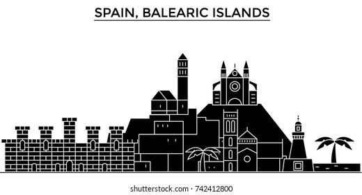 Spain, Balearis Islands architecture vector city skyline, travel cityscape with landmarks, buildings, isolated sights on background