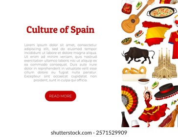 Spain Banner Design with Traditional Symbol and Object Vector Template