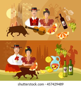 Spain banner traditions and culture, spanish attractions and people, vector illustration 