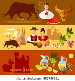 Spain banner traditions and culture spanish attractions people vector illustration 