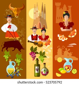 Spain banner traditions and culture spanish attractions and people bullfights flamenco toreros. Travel to Spain vector  