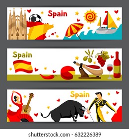 Spain banners design. Spanish traditional symbols and objects.