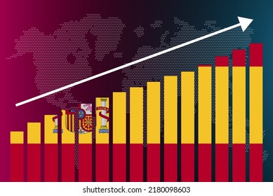 Gráfico de barras de España, valores crecientes, concepto de estadísticas de país, gráfico de barras de bandera de España, flecha ascendente en datos, idea de banner de noticias