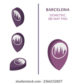 Spain Barcelona 3D vector logo set. Isometric map pin, geolocation pointer, modern skyline icon, concept, isolated graphic