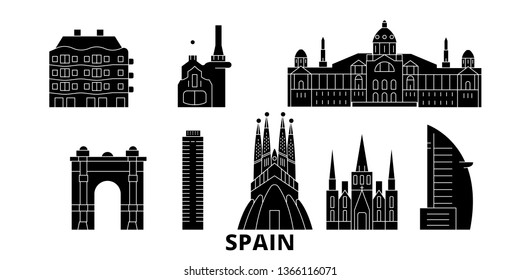 Spain, Barcelona flat travel skyline set. Spain, Barcelona black city vector illustration, symbol, travel sights, landmarks.