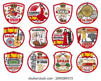 Spain and Barcelona isolated icons of vector travel and tourism. Spanish flamenco dance, bull and matador of corrida, sea ship, guitar and olives, map, flag and coat of arms, football, knight templar