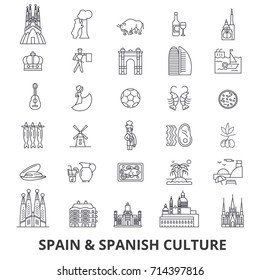 Spain, barcelona, madrid, spanish, flamenco, mediterrian line icons. Editable strokes. Flat design vector illustration symbol concept. Linear signs isolated