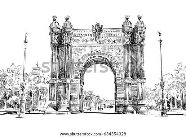 スペイン バルセロナ 凱旋門 手描きの都市スケッチ ベクターイラスト のベクター画像素材 ロイヤリティフリー