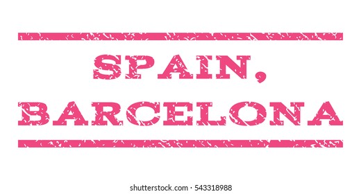 Spain, Barcelona watermark stamp. Text caption between horizontal parallel lines with grunge design style. Rubber seal stamp with unclean texture. Vector pink color ink imprint on a white background.