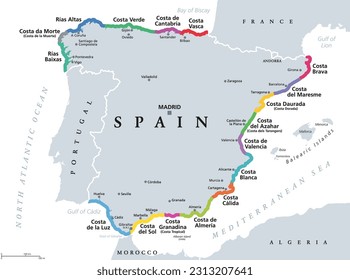 Spain, beaches and coastlines of the Spanish Riviera, political map. Spanish mainland on Iberian Peninsula, with the touristic names of seventeen famous beaches, such as Costa Blanca or Costa del Sol.