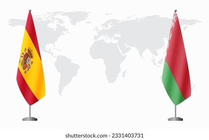 Spain and Belarusian flags for official meeting against background of world map.