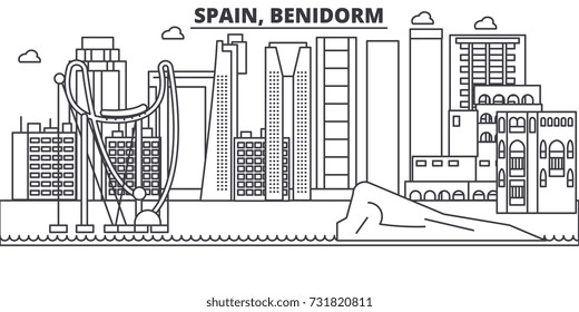 Spain, Benidorm architecture line skyline illustration. Linear vector cityscape with famous landmarks, city sights, design icons. Landscape wtih editable strokes