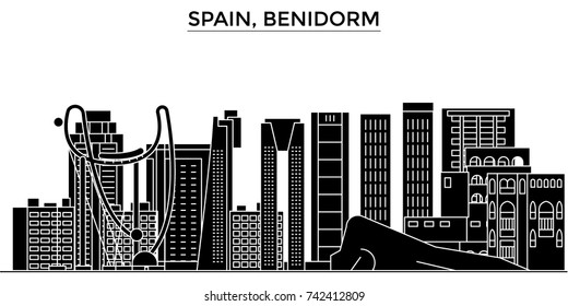 Spain, Benidorm architecture vector city skyline, travel cityscape with landmarks, buildings, isolated sights on background