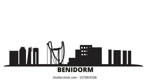 Spain, Benidorm city skyline isolated vector illustration. Spain, Benidorm travel black cityscape