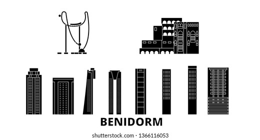 Spain, Benidorm flat travel skyline set. Spain, Benidorm black city vector illustration, symbol, travel sights, landmarks.