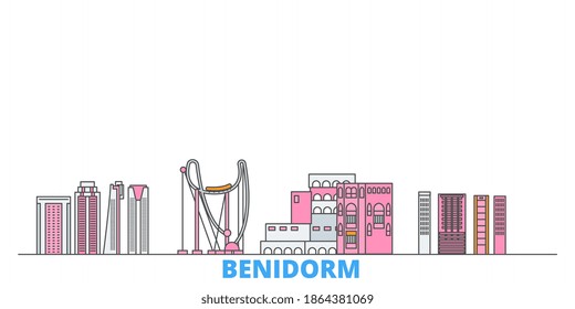 Spain, Benidorm line cityscape, flat vector. Travel city landmark, oultine illustration, line world icons