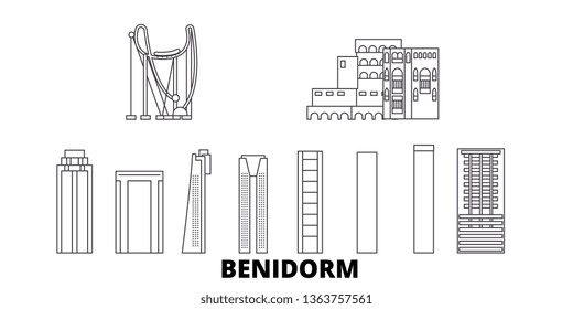 Spain, Benidorm line travel skyline set. Spain, Benidorm outline city vector illustration, symbol, travel sights, landmarks.