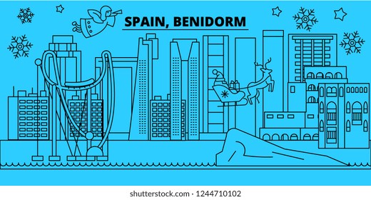 Spain, Benidorm winter holidays skyline. Merry Christmas, Happy New Year decorated banner with Santa Claus.Spain, Benidorm linear christmas city vector flat illustration