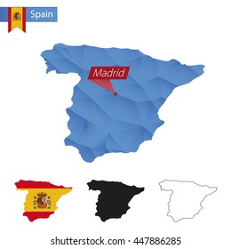 Spain blue Low Poly map with capital Madrid, versions with flag, black and outline. Vector Illustration.
