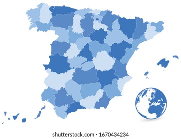 Spain Blue Map Isolated On White. No text. All elements are separated in editable layers clearly labeled. Vector illustration.