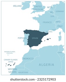 Spain - blue map with neighboring countries and names. Vector illustration