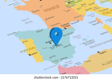 Spain with blue placeholder pin on europe map, close up Spain, colorful map with location icon, travel idea, vacation and road trip concept, pinned destination, top view
