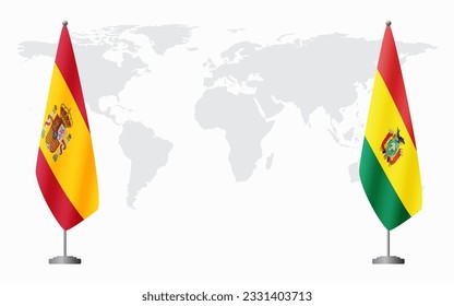 Spain and Bolivia flags for official meeting against background of world map.