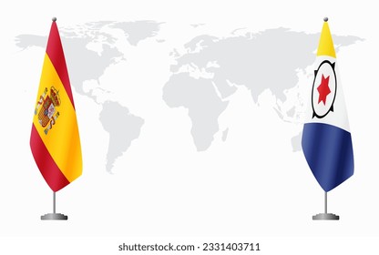 Spain and Bonaire flags for official meeting against background of world map.