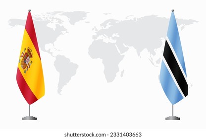 Spain and Botswana flags for official meeting against background of world map.